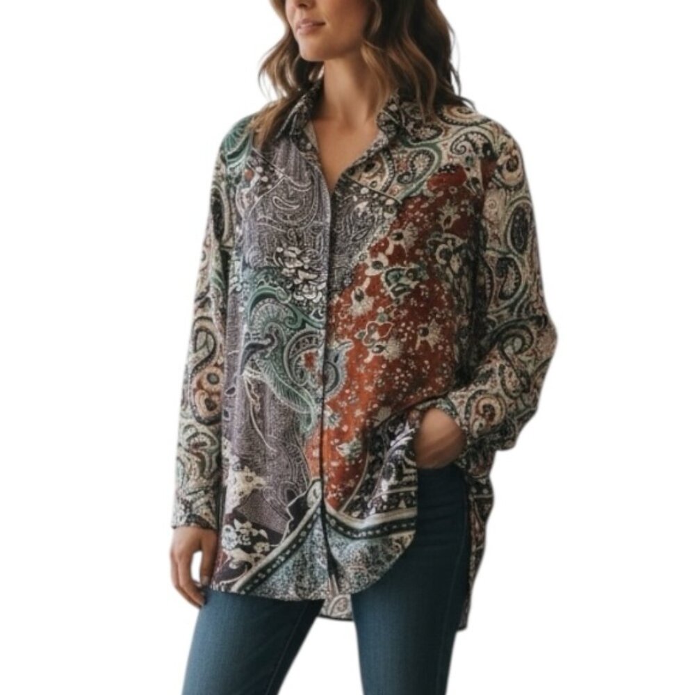 Cienna Boho Paisley Silk Blend Tunic Blouse Women’s Medium